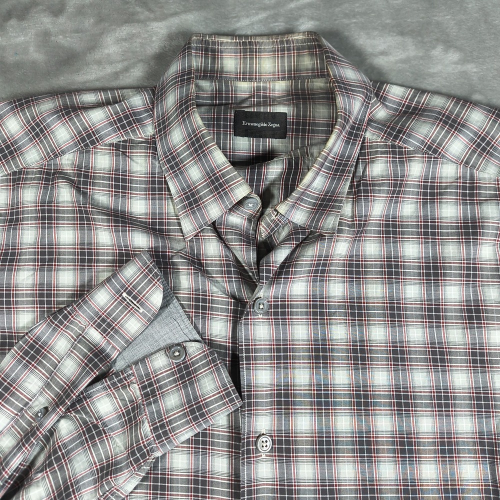 Ermenegildo Zegna Shirt Mens Large Gray Red White Plaid‎ Button Up Cotton